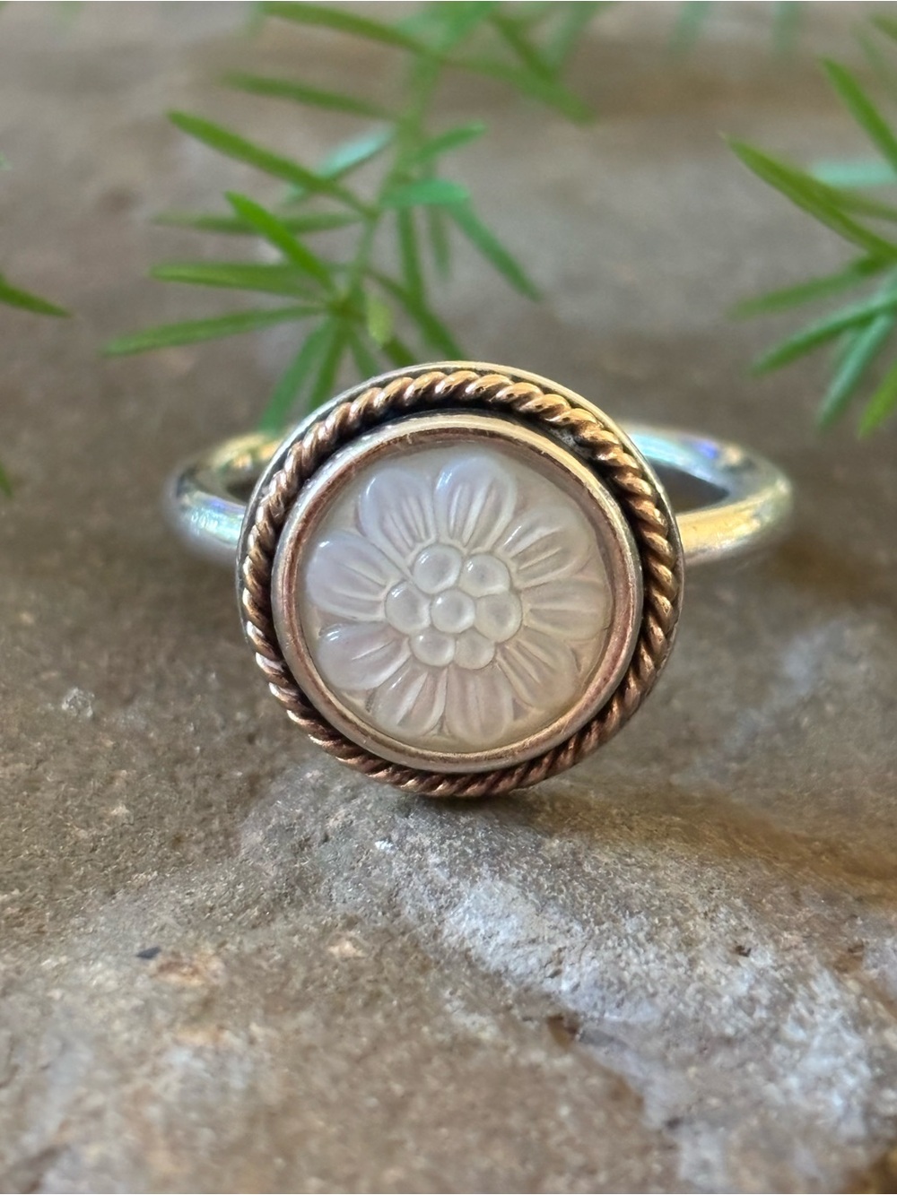 Pandora Sterling Silver Ring with Carved Mother of Pearl